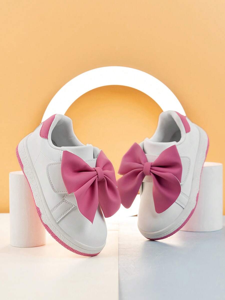 1 Pair Girls Pink Bow Decor Casual Lightweight Non-Slip Sports Shoes, Comfortable Flat Shoes For Kids All Seasons