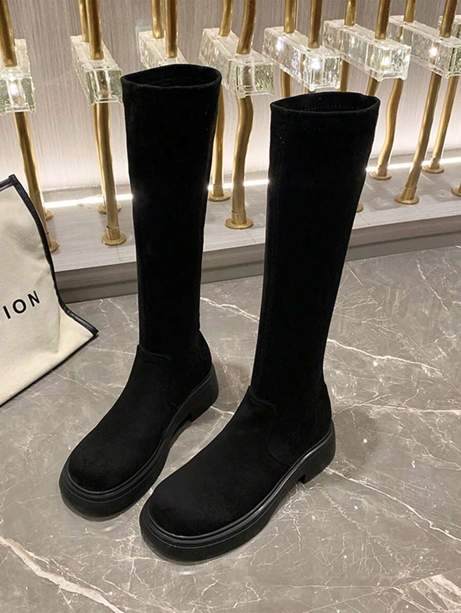 Women Street Style Round Toe Knee-High Boots, Fashion Punk Stiletto High Heel Warm Long Boots With Comfortable Upper And Anti-Slip Sole, Winter