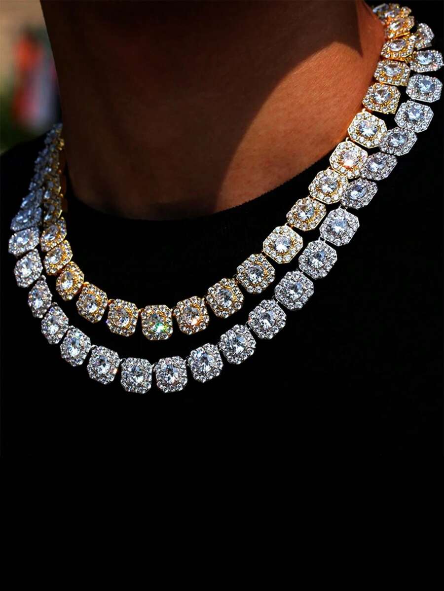 1 Piece Square Tennis Chain Rectangular Cubic Zirconia Necklace - Hip Hop Jewelry For Men And Women - Gift Box Included, Stylish Accessory For Everyday Wear
