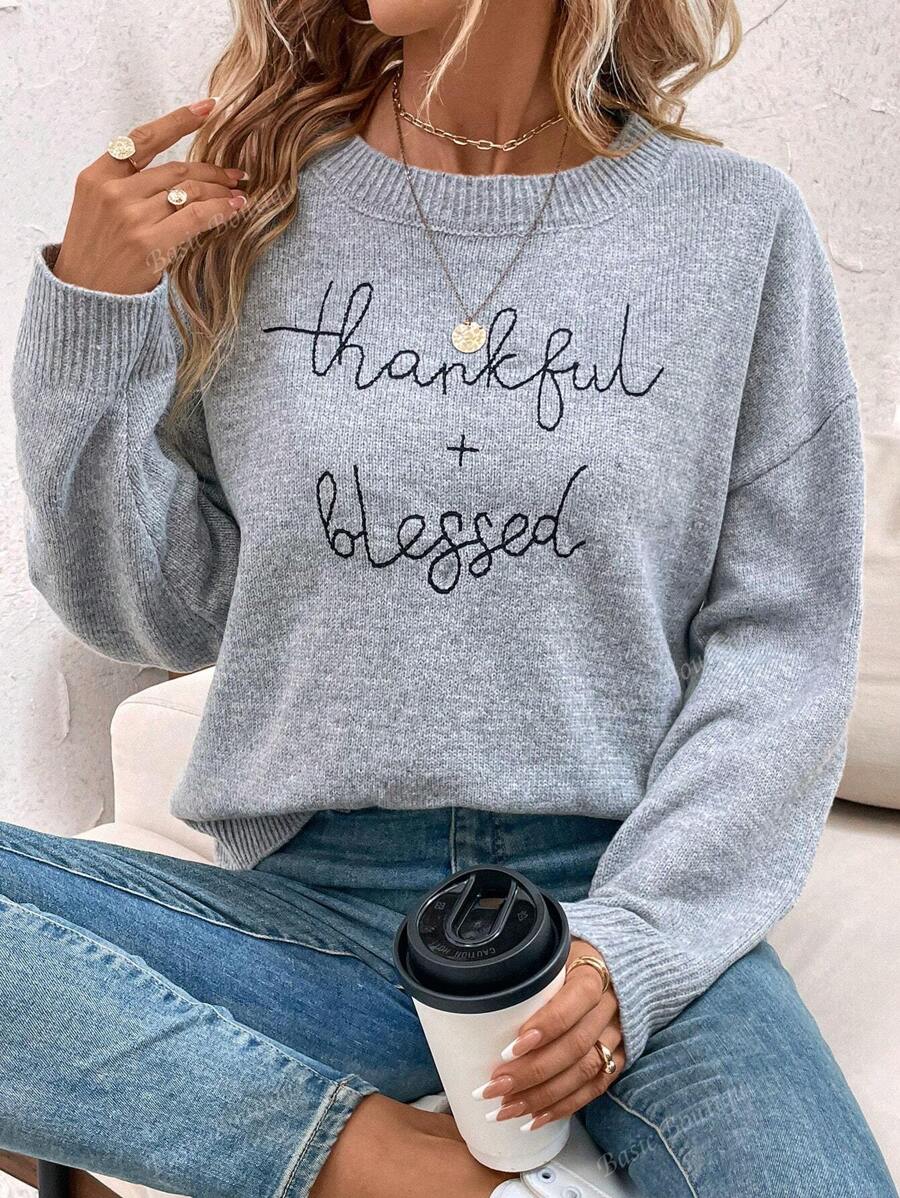 Women Embroidered Thankful Slogan Long Sleeve Drop Shoulder Sweater Thanksgiving Outfit Women