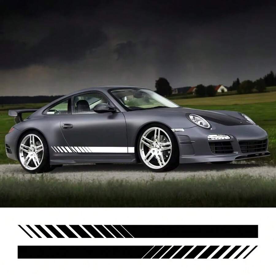 2 pièces Autocollants universels pour jupe de porte latérale de voiture, garniture de carrosserie, style bande de course, film vinyle, autocollants décoratifs pour BMW Mercedes Benz Audi Citroën Acura VW, accessoires de réglage extérieur de voiture