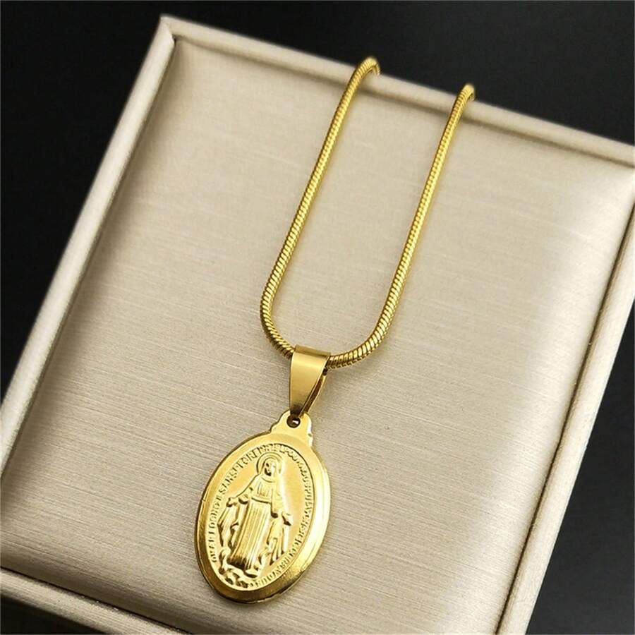 Catholic Virgin Mary Necklace Female Gold Religion God Stainless Steel Gold/Silver Oval Pendant Fine Jewelry Gifts