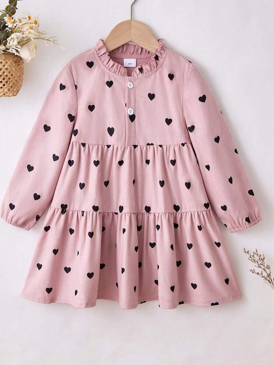 1pc Young Girl Casual Comfortable Pink Heart Pattern Crew Neck Long Sleeve Dress, Autumn/Winter