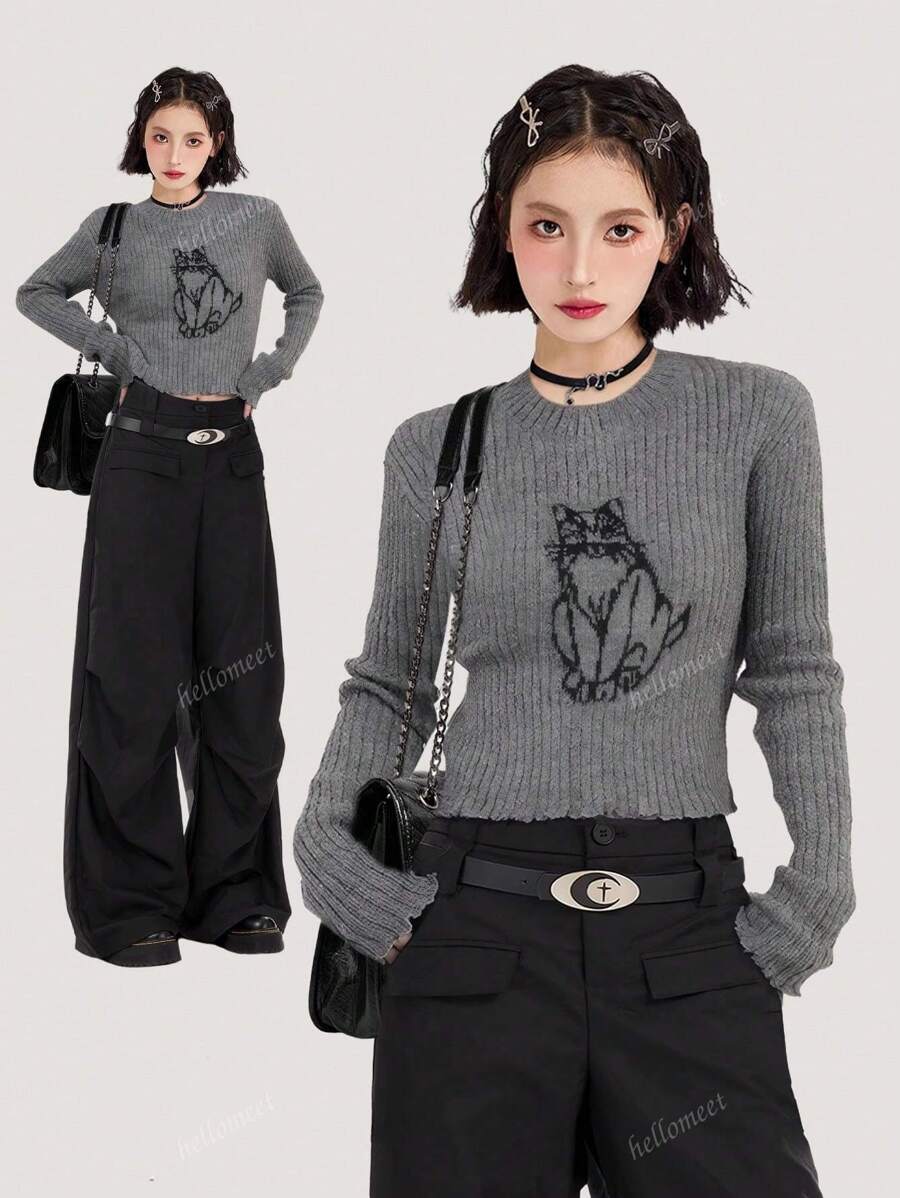 Jersey de punto de manga larga con estampado de gato gris para mujer, jersey corto ajustado y de cuello redondo de moda, para otoño e invierno, tops de manga larga