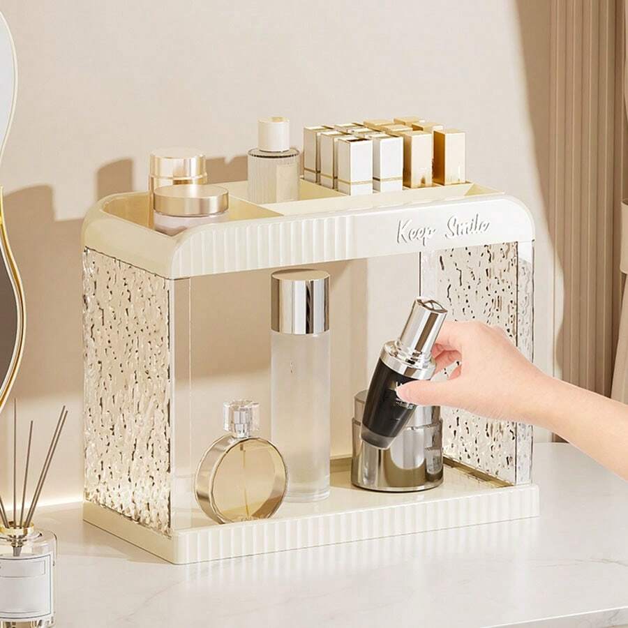 1pc Desktop Makeup Organizer Box, Transparent Vanity Tray, Lipstick Holder, Multi-Function Storage Rack, For Dorm
