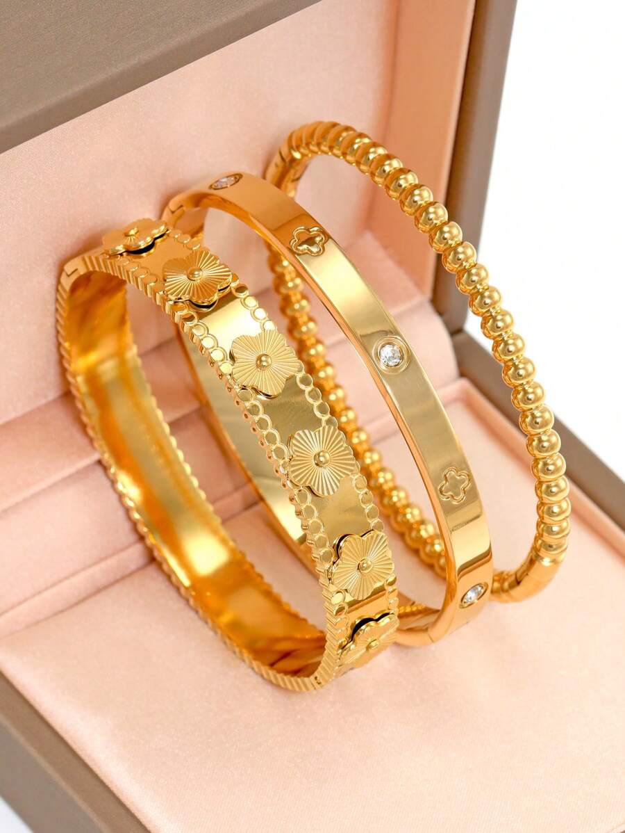 1pc Fashion 18K Gold Plated Stainless Steel Flower Bangle Bracelet For Women, European And American Style Party & Wedding Jewelry Gift Valentines,Mom,Mother,Mother's Day,Gift