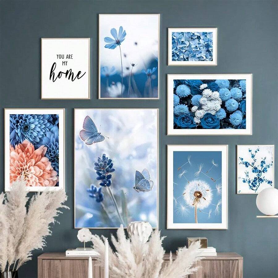 YIKES 1 pièce Murale en canevas florale bleue et blanche, pissenlit, pivoine, orchidée, affiche et impression de plante à fleurs, cadeau idéal pour la décoration moderne d'une salle de séjour et de la maison, sans cadre