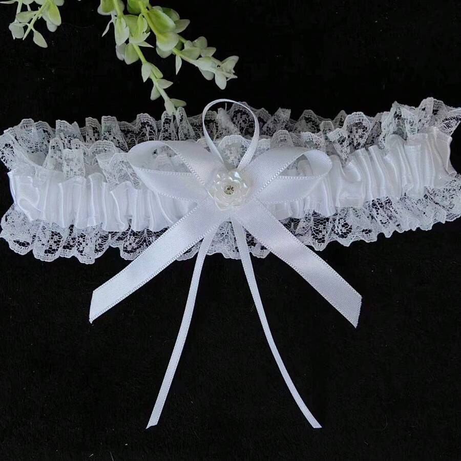 1 pieza Liga de novia con rosa blanca y diamante en forma de lazo, accesorios de boda, decoración de pierna para damas de honor, utilería para juegos de bodas, adecuado para cualquier boda