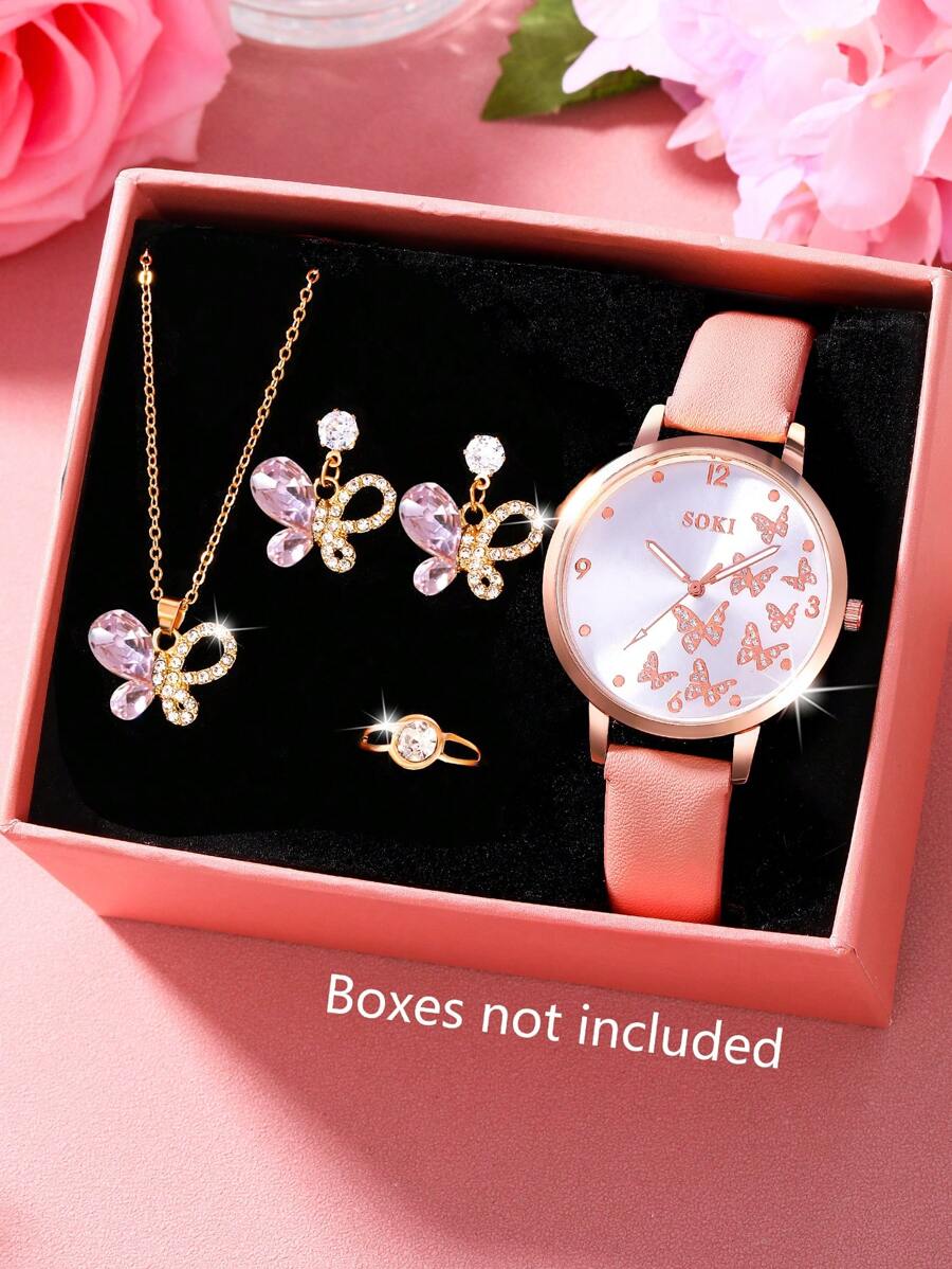 SOKI SOKI 5 Pieces Zirconium Oxide Blue Butterfly Necklace, Sparkling Cubic Zirconia Embedded Butterfly Pendant Necklace And Earrings, Ring, Simple Design Set And Fashion, Casual Butterfly Dial, Round Case, Pu Strap Quartz Women's Watch Suitable For Daily Wear, Back-To-School Season, Graduation Season, Thanksgiving, Couples, The Best Gifts Watch Box Not Included