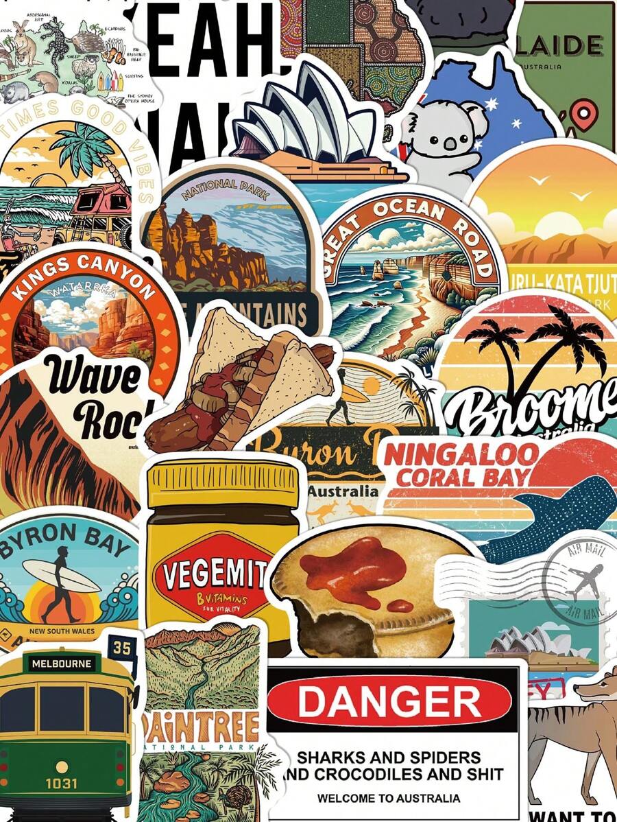 50pcs Creative Icons Stickers Australia Laptop Scrapbooking Luggage Decorative Stickers, Stickers, Y2k Stickers, Australia Gift, Australian, Luggage Sticker