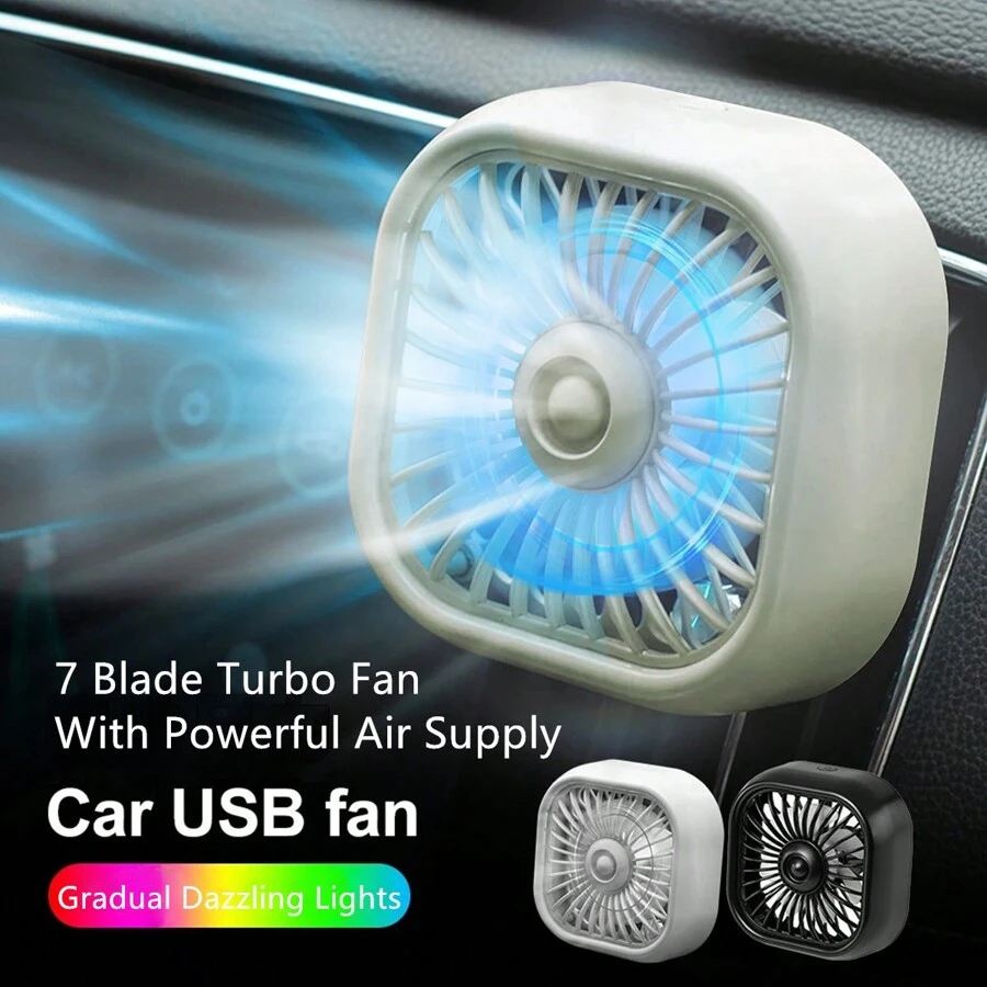 1 pieza Ventilador de salida de aire del coche con ajuste USB, ventilador turbo de 7 aspas de gran potencia con luz atmosférica de color degradado, bajo nivel de ruido y función múltiple, mini ventilador de refrigeración interior para el automóvil