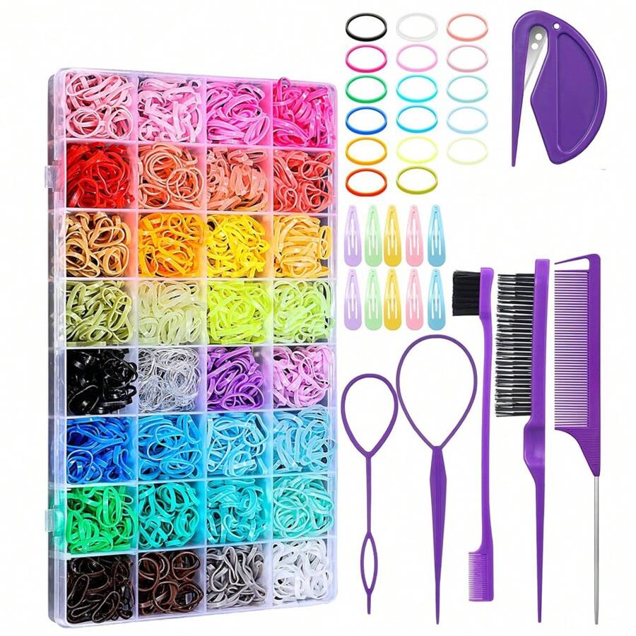 32 Colors Hair Ties Set With 2000 Pcs Mini Elastic Hair Bands And Styling Tools - Perfect For Hair Accessories