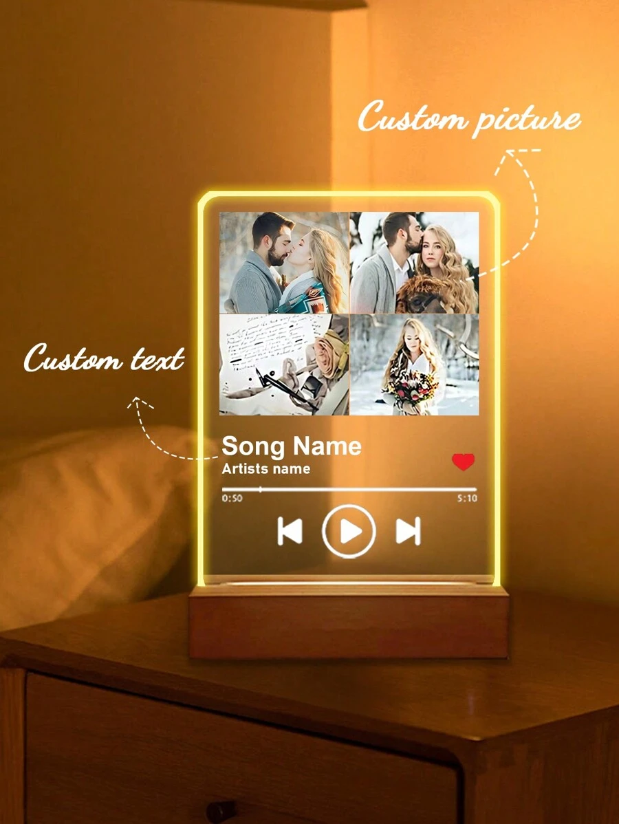 1 pieza Luz nocturna LED de música personalizada, Placa LED de música personalizada, Lámpara LED personalizada con imagen y base de madera, Placa de acrílico personalizada con canción, Lámpara de foto y música personalizada, Placa de música como regalo para el Día de San Valentín, aniversarios, bodas, Día de la Madre, cumpleaños, Día del Niño, Día del Padre, graduación, inauguración de casa, escuela, oficina, hogar