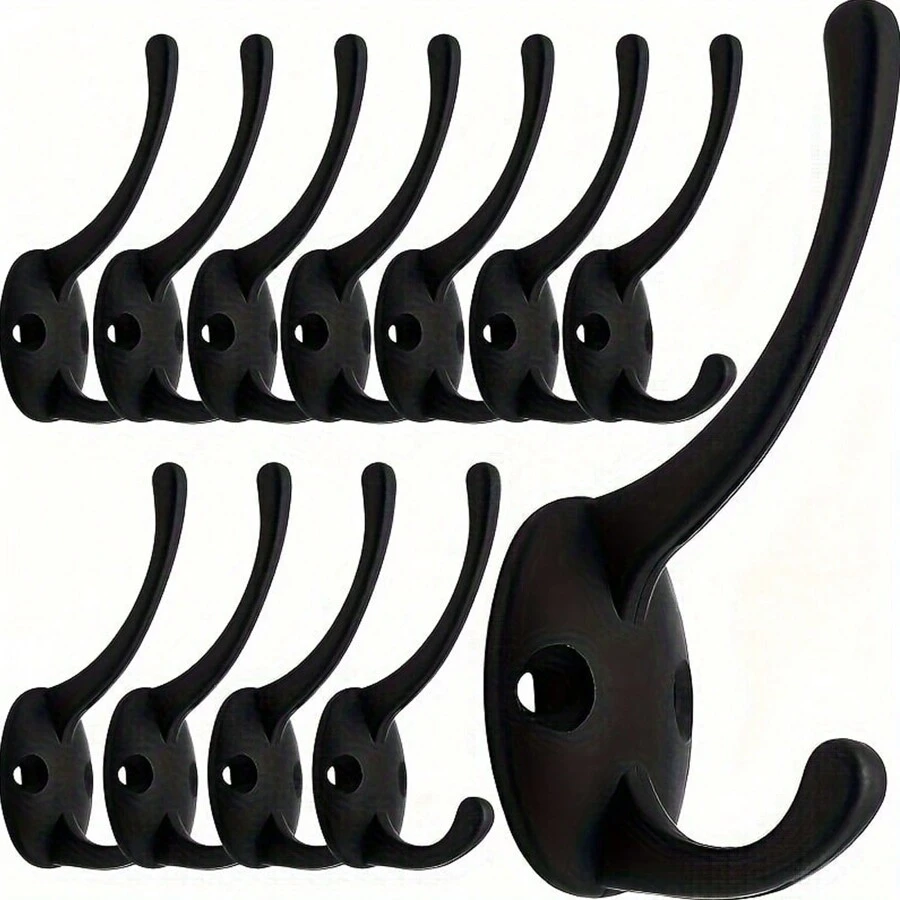 4/6/8/10/12 piezas Gancho doble retro montado en la pared con tornillos para abrigos, bufandas, bolsos, toallas, llaves, sombreros y tazas - Ganchos negros prácticos y elegantes