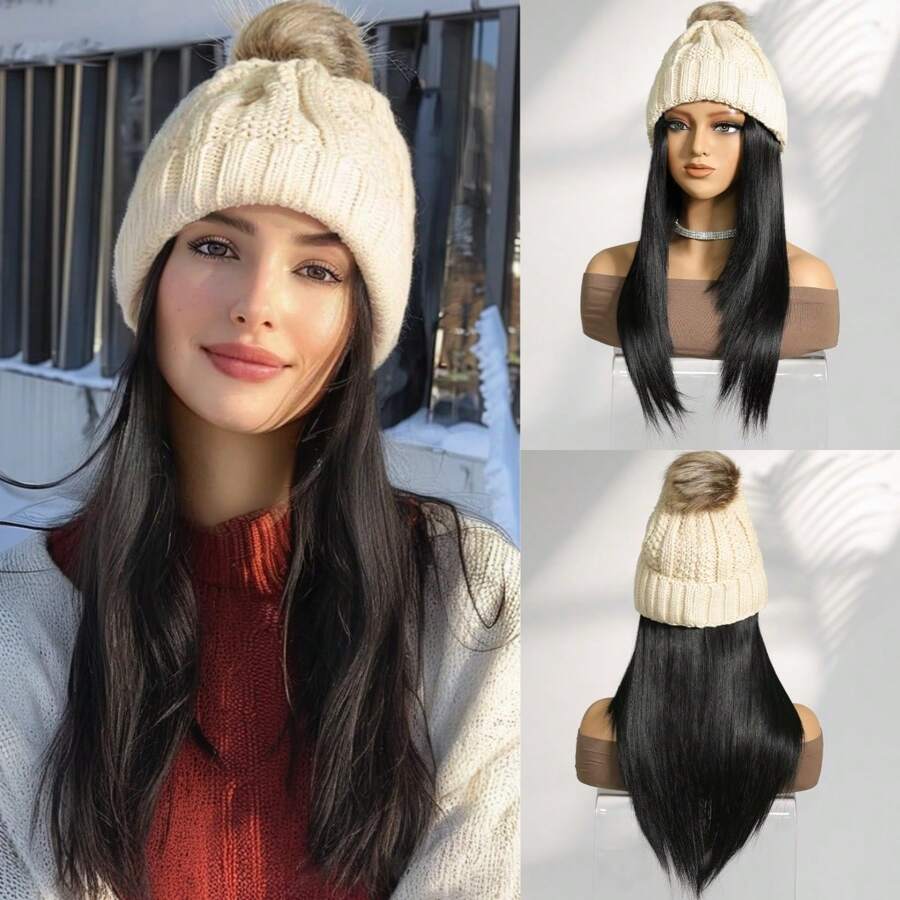 Knitted Hat With 18 Inch Synthetic Long Natural Straight Stylish Hair Extensions,Knitted Hat Wig For Women Halloween, Christmas, Party And Daily Use