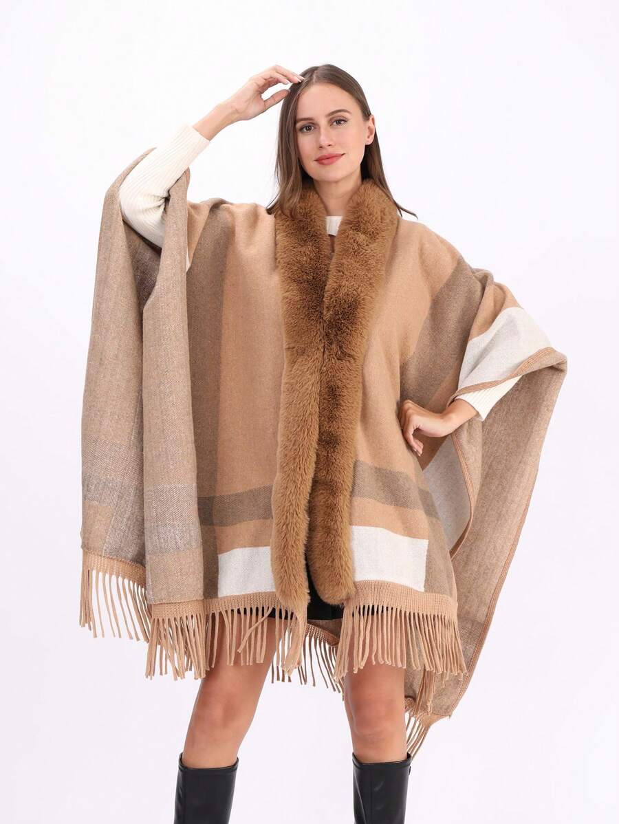 1pc Women Multicolor Fuzzy Faux Fur Collar Windproof Warm Fashion Elegant Poncho Shawl, Suitable For Outdoor, Party, Festive, Winter