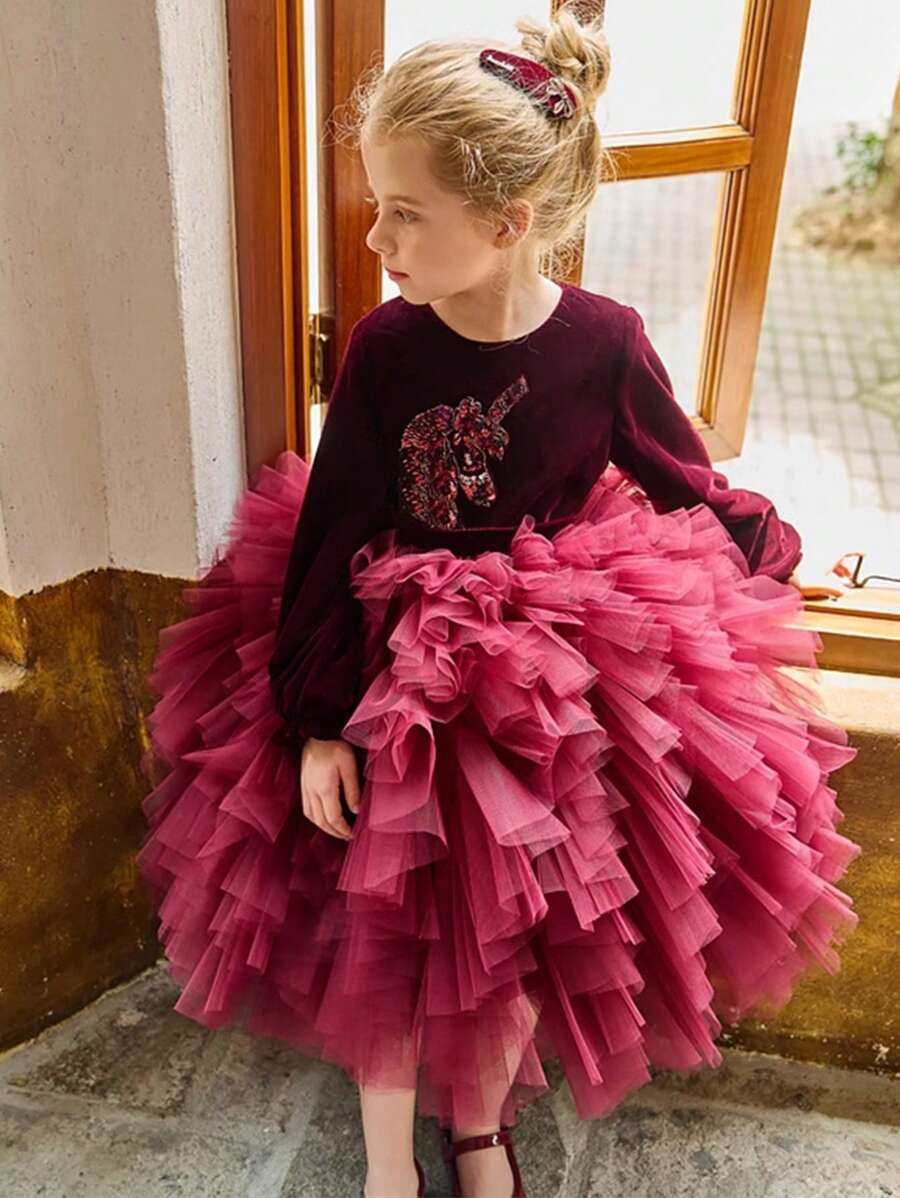 Tween-Mädchen Samt A-Linien Tortenkleid mit Langarm, Herbst/Winter