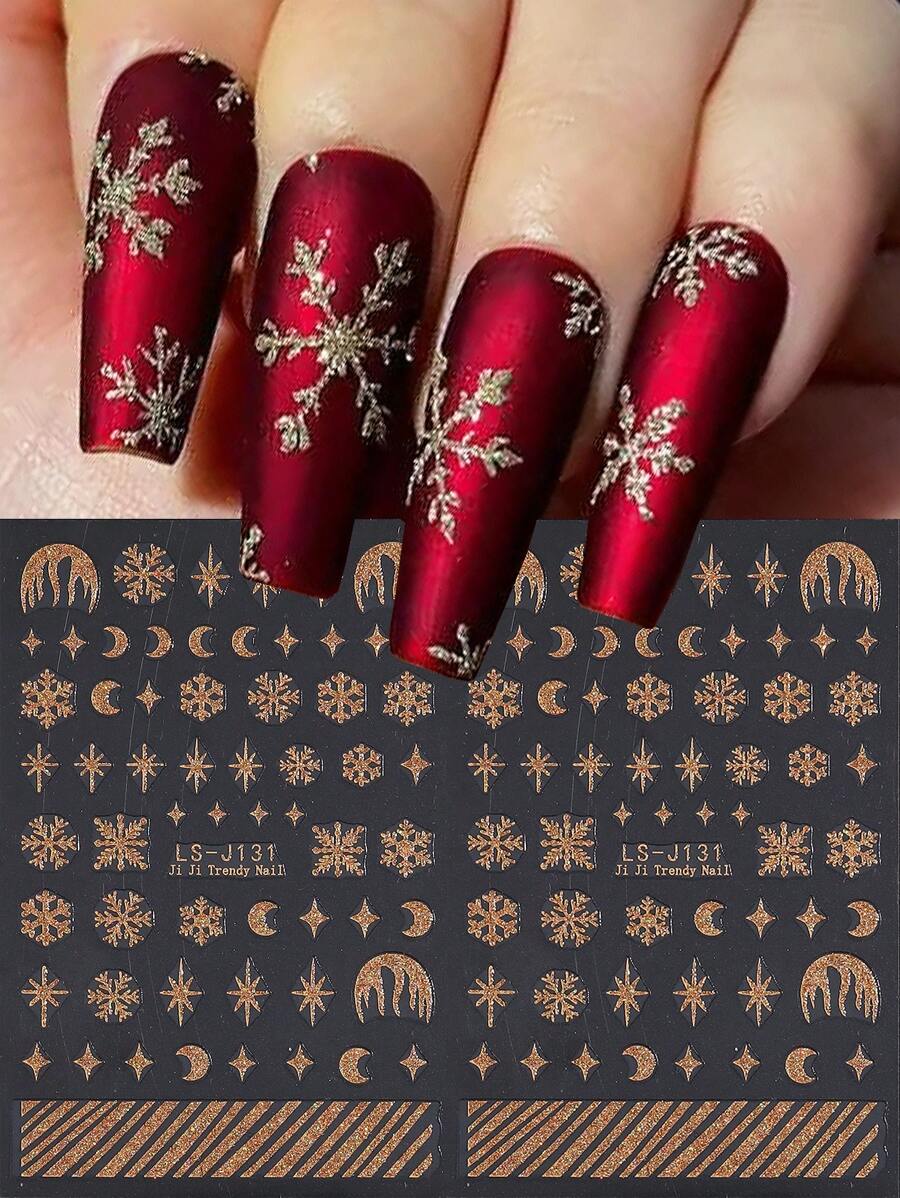 2 Sheets Gold Glitter Powder Snowflake Nail Art Stickers Star Moon 3D Self Adhesive Gold Snowflake Nail Decals Xmas Nail Supplies Manicure Sliders