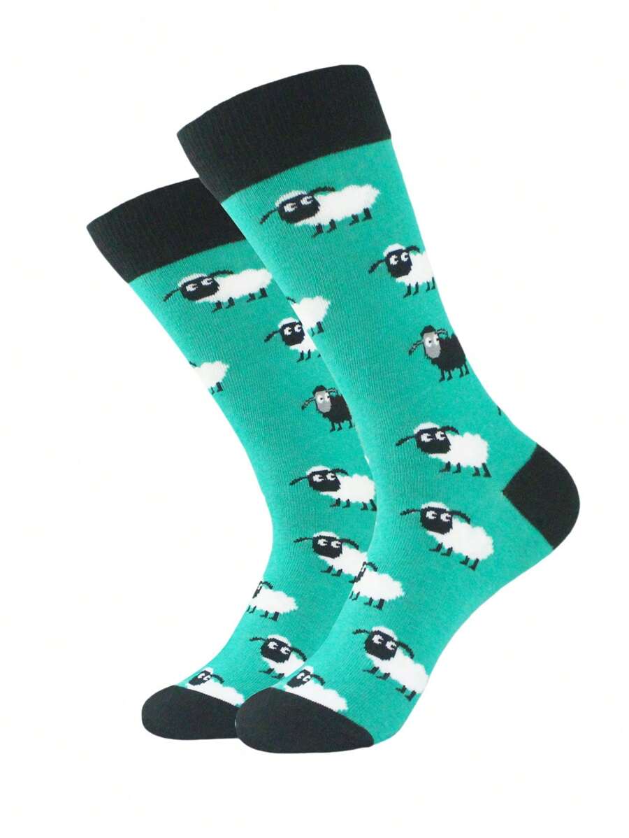 1 Pair Of Cartoon Sheep Print Socks Comfortable Breathable Mid-Tube Socks Unisex Colorful Socks