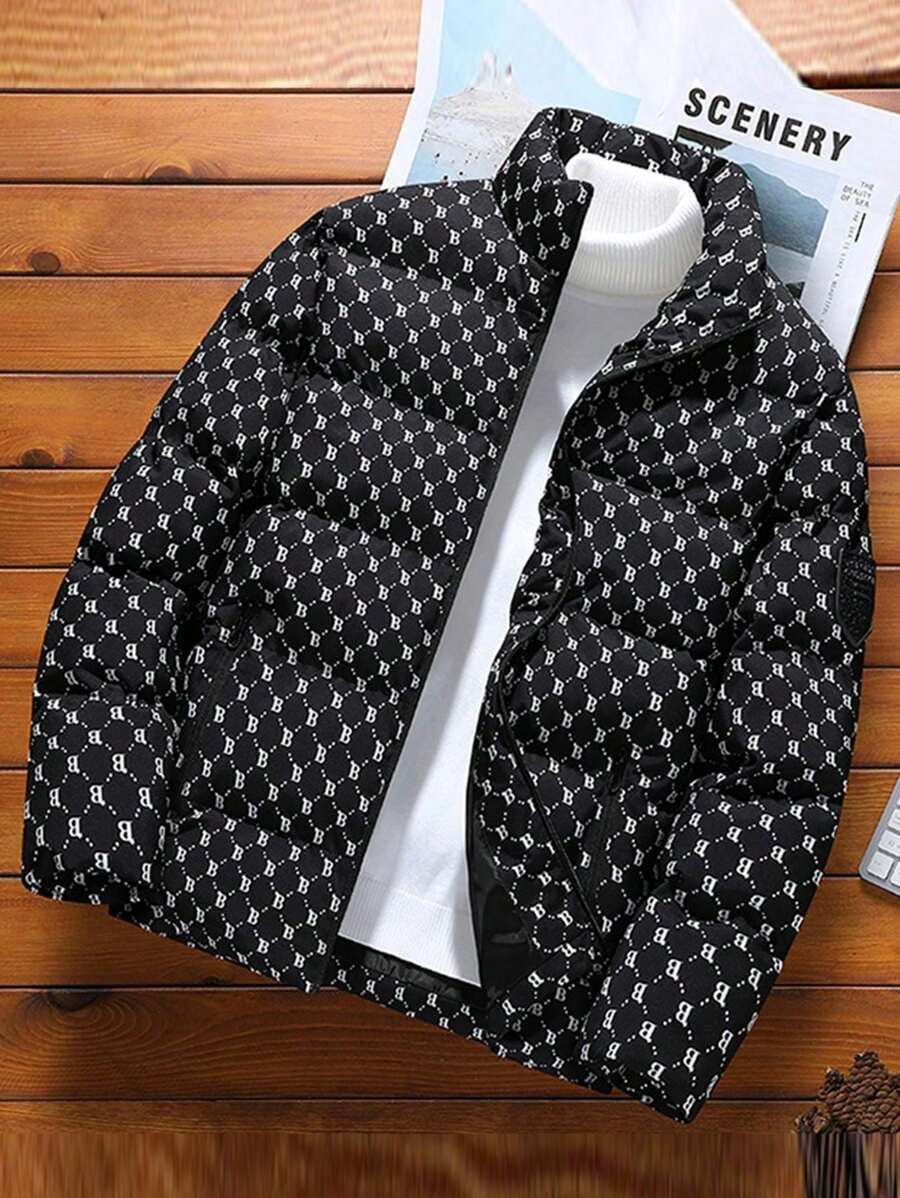 Abrigo acolchado casual y versátil con estampado all-over para hombre, temporada de invierno 2024