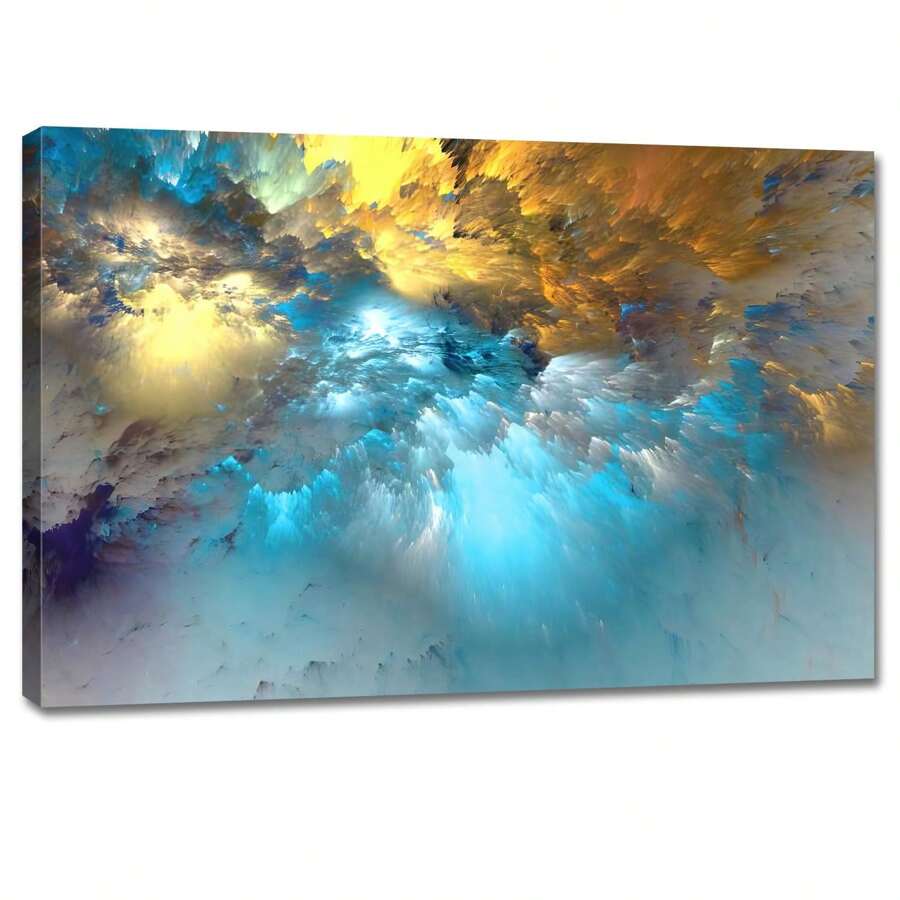 1pcs Golden Canvas Wall Art Blue Modern Abstract Painting Prints Colorful Smoke Billowing On White Background Energetic Artwork Pictures For Living Room Bedroom Hallway Wall Decoration With Framed Ready To Hang