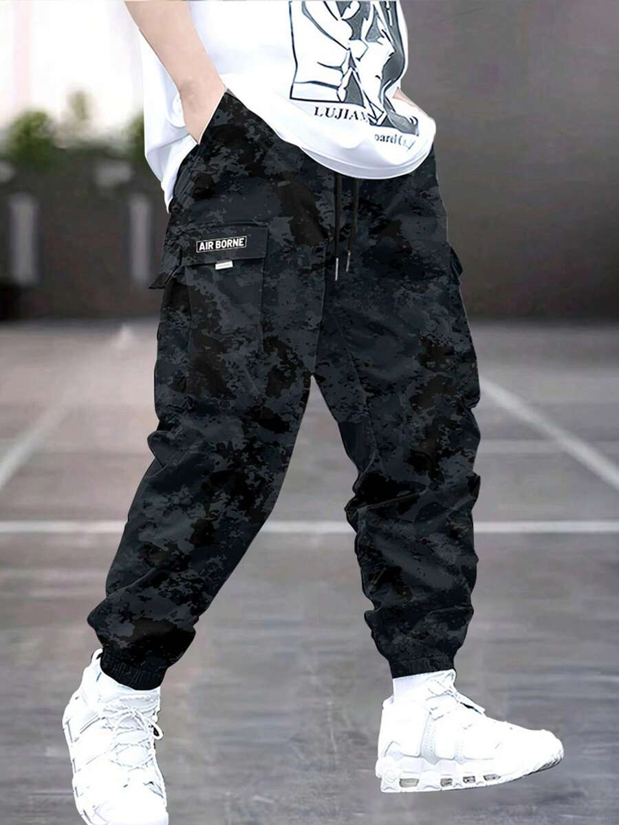 1 Peça Calça Cargo Camuflada Multibolso para Homens, Calça Jogger Casual Folgada com Cordão para Primavera/Outono, Caminhada, Praia, Transporte Diário, Corrida, Fitness