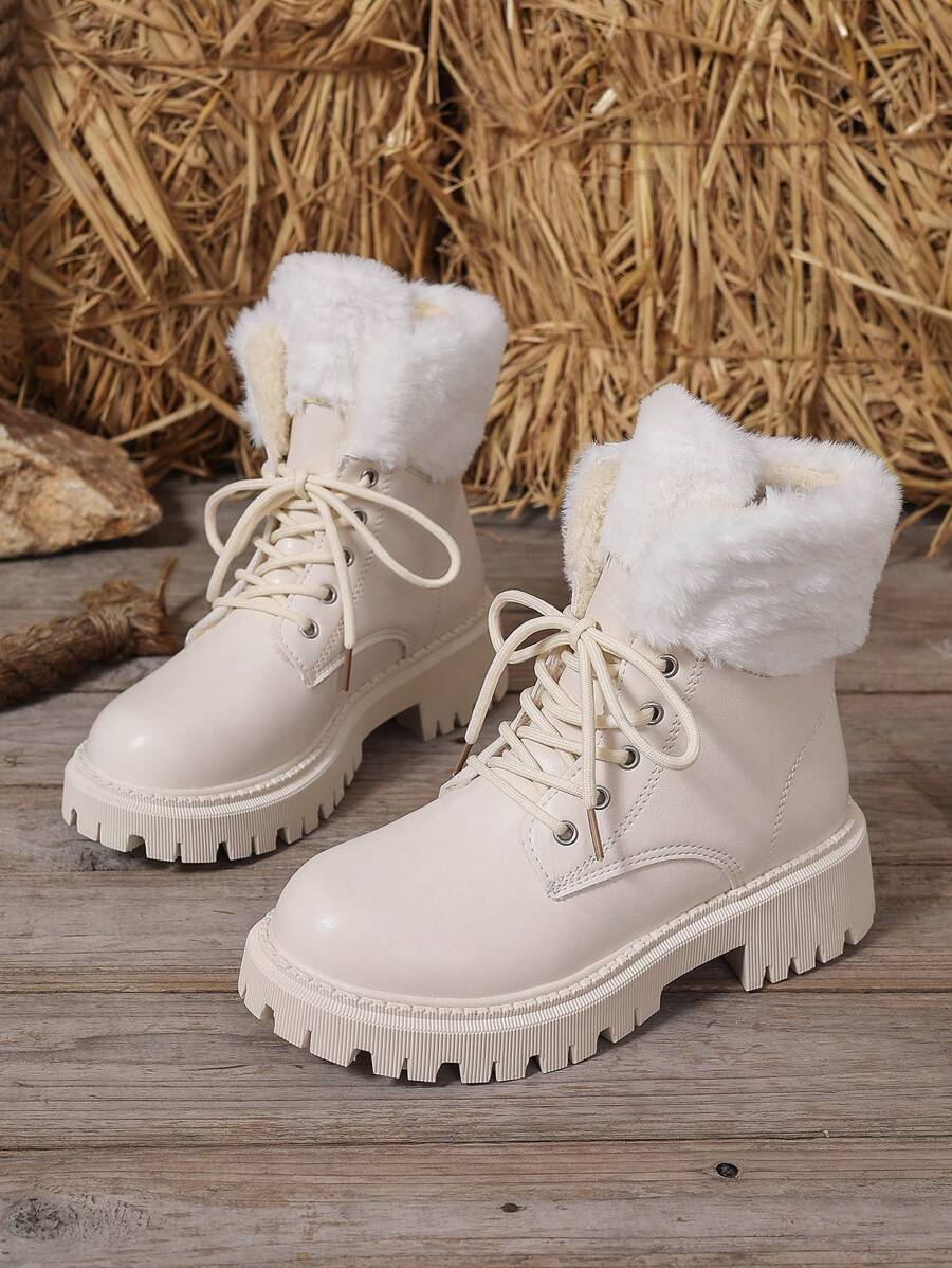 New Soft And Comfortable White Lace-Up Boots With Thermal Lined, Fashion Motorcycle Boots For Spring, Autumn & Winter