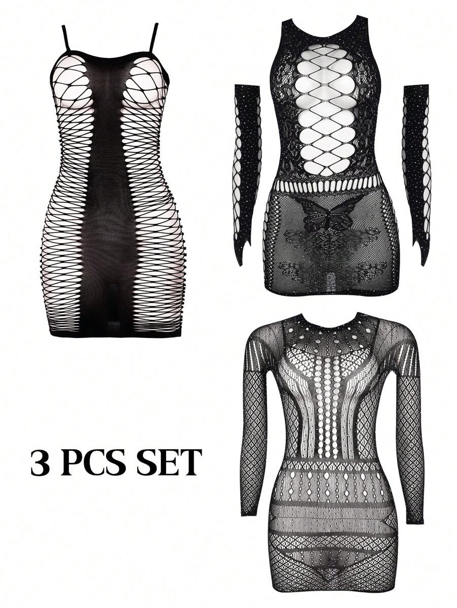 3-Piece Lace And Fishnet Transparent Party Tight Dress With Embellished Lace And Cut-Out Details