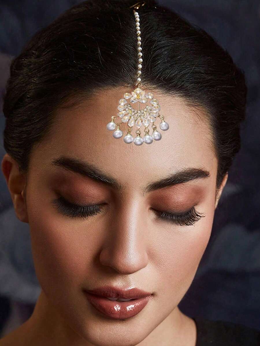 1 pièce Vintage Maang Tikka couronne de mariée avec perle et strass, bijoux de mariage, bijoux de carnaval pour la tête, chaîne à cheveux, ornement de tête, bijoux pour cheveux