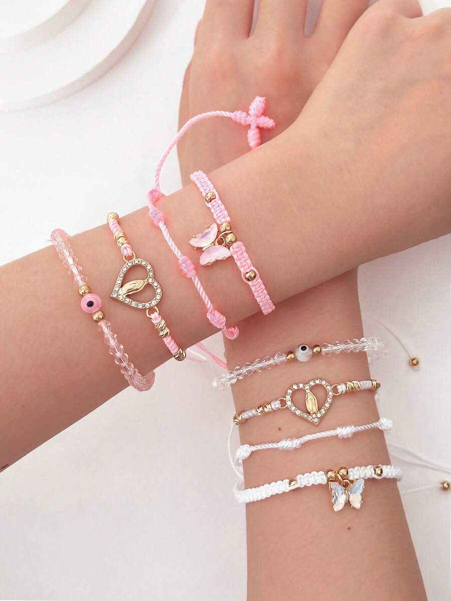 4 peças pulseiras de coração da Virgem Maria mexicana da moda, conjunto de pulseiras de borboleta com mau olhado feito à mão para mulheres e meninas, tornozeleiras, joias, presentes
