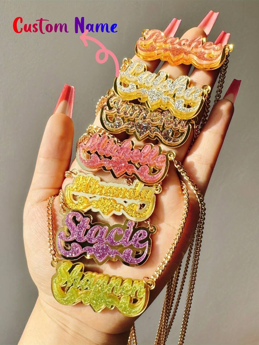 Spersonalizowany naszyjnik z imieniem, akrylowa tabliczka znamionowa, biżuteria - Bling Name Necklace - Personalized Name Chain - Prezenty świąteczne dla dziewczynek