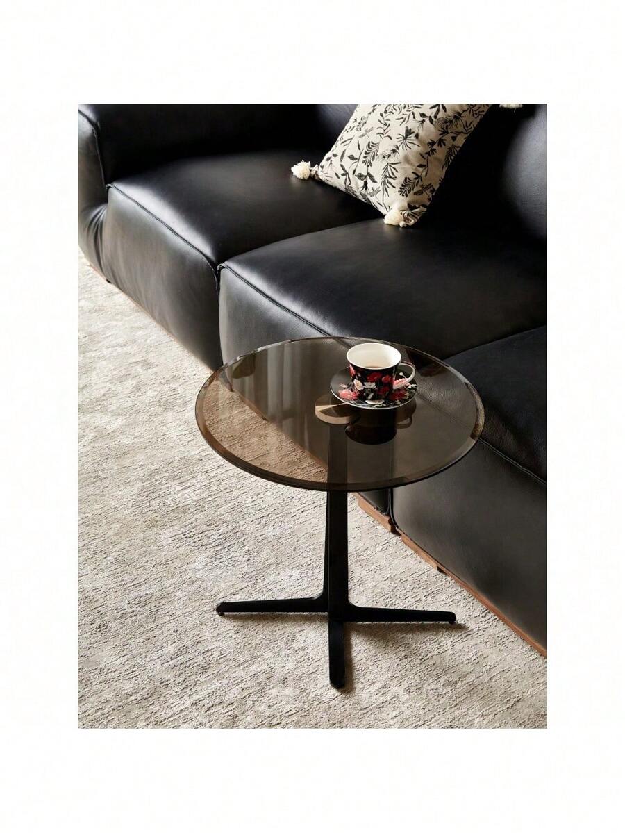 End Table Glass Top Side/End Drink Table - Tall Modern Round Accent Metal Nightstand Furniture For Living Room, Dorm, Home Office, And Bedroom - 19.69" Round - Brown Blass/Matte Black,HomeNest9