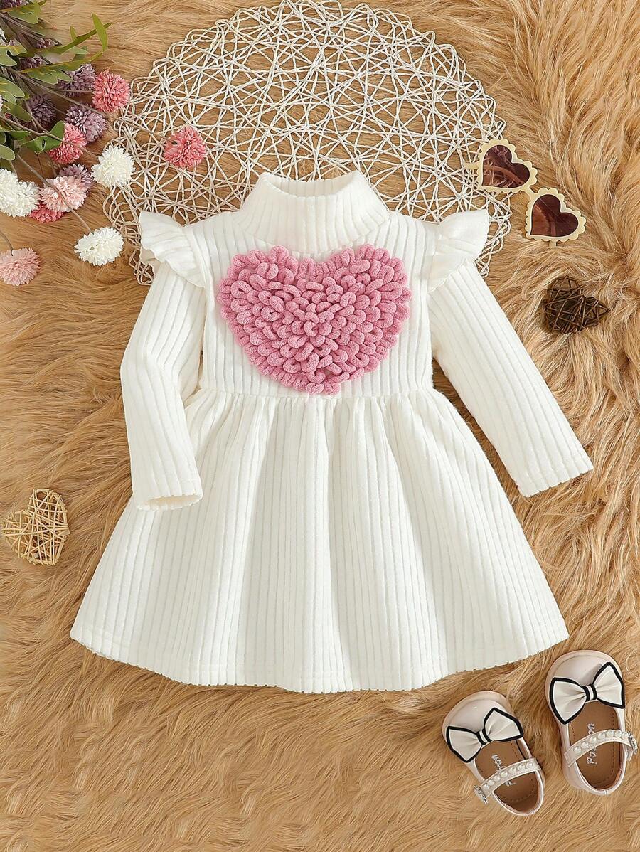 Baby Girls' Simple Solid Color Ruffle Hem Long Sleeve High Neck Heart Dress, Spring And Autumn, Suitable For Outings