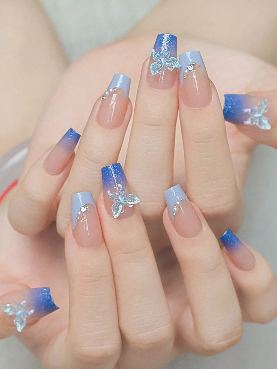 24pcs Glossy Coffin False Nails, Blue Ombre 3D Press On Nails With Butterfly Pearl 3D Decor, Include 1pc Nail File & 1pc Nail Glue, Suitable For Women And Girls
