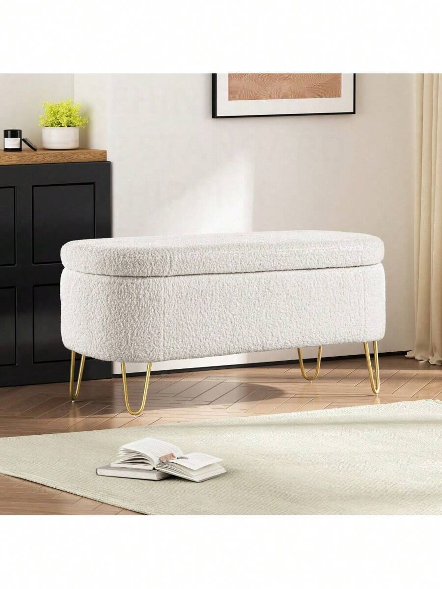 Oval Storage Bench For Living Room Bedroom End Of Bed, Upholstered Storage Ottoman Entryway Bench With Metal Legs,Cream,FurniHub Back To School Dormitory Storage