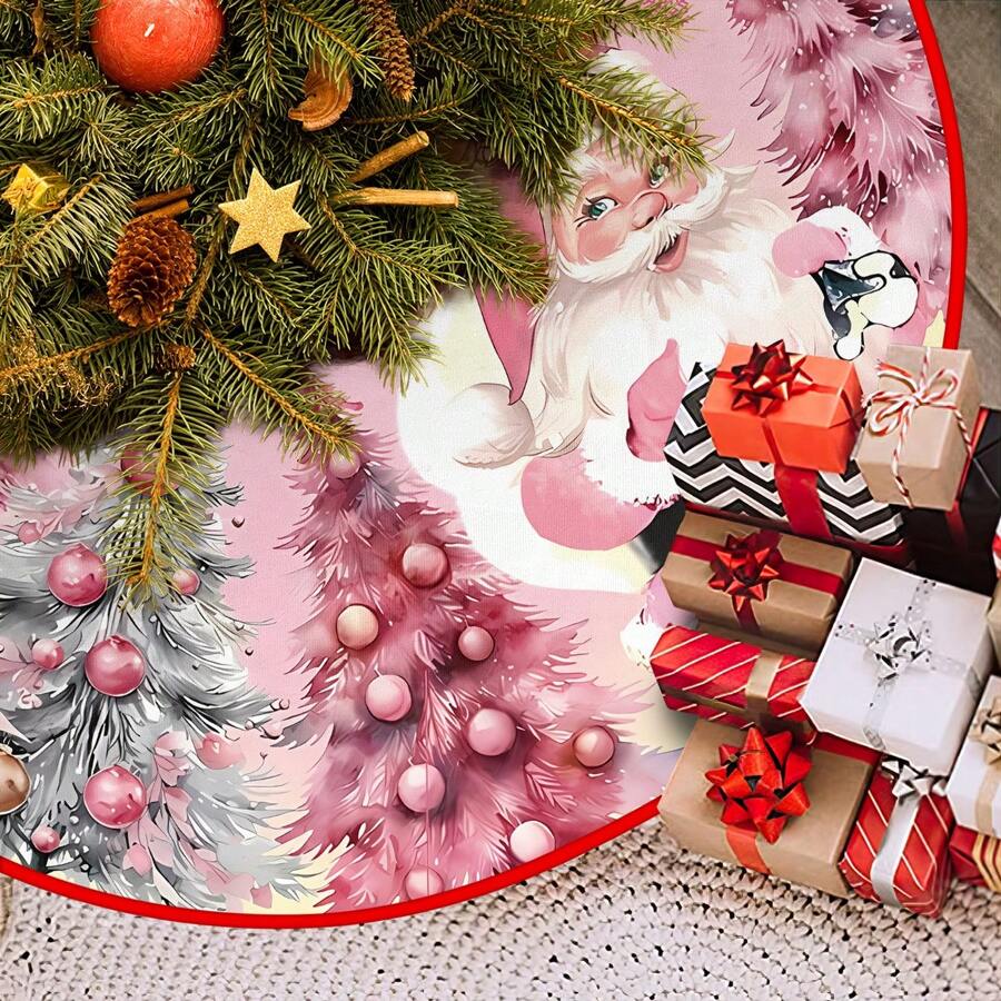 1 pièce Jupe pour sapin de Noël avec impression du Père Noël rose, bonhomme de neige et arbre de Noël. Décoration pour fête de Noël. Tapis de jupe de sapin de Noël, meilleur cadeau