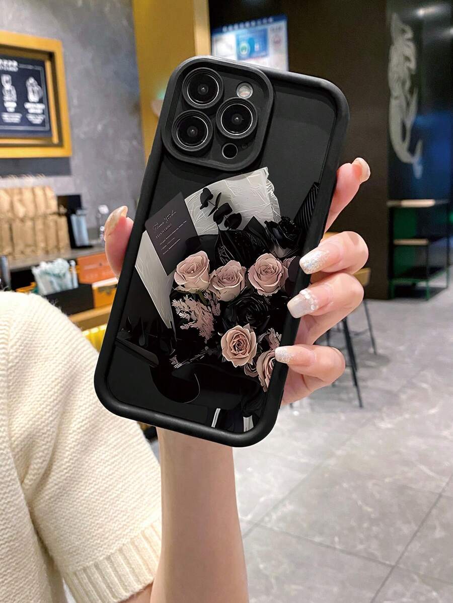 1pc Vintage Rose Flower Pattern Anti-Fingerprint Black Sandblasted Phone Case Compatible With Apple/Samsung//Redmi/Infinix/Vivo