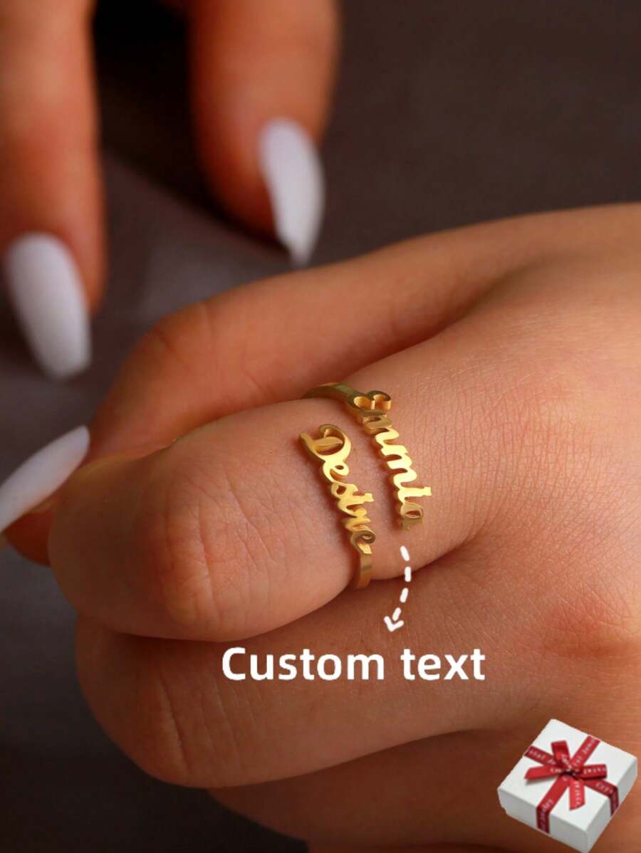 Personalized Couples Adjustable Stainless Steel Rings With Double Names, Luxury Gold Color For Date Rings, Valentine's Day Gift Valentines