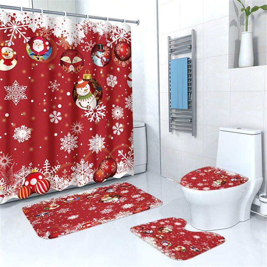 4pcs Christmas Decoration Ball, Snowflake & Red Print Shower Curtain Set, Waterproof Bathroom Divider Curtain, Non-Slip Floor Mat Carpet, Toilet U-Shaped Mat, Toilet Lid Cover, Holiday Home Bathroom Accessories Curtain Set Home Bathroom Decor Summer