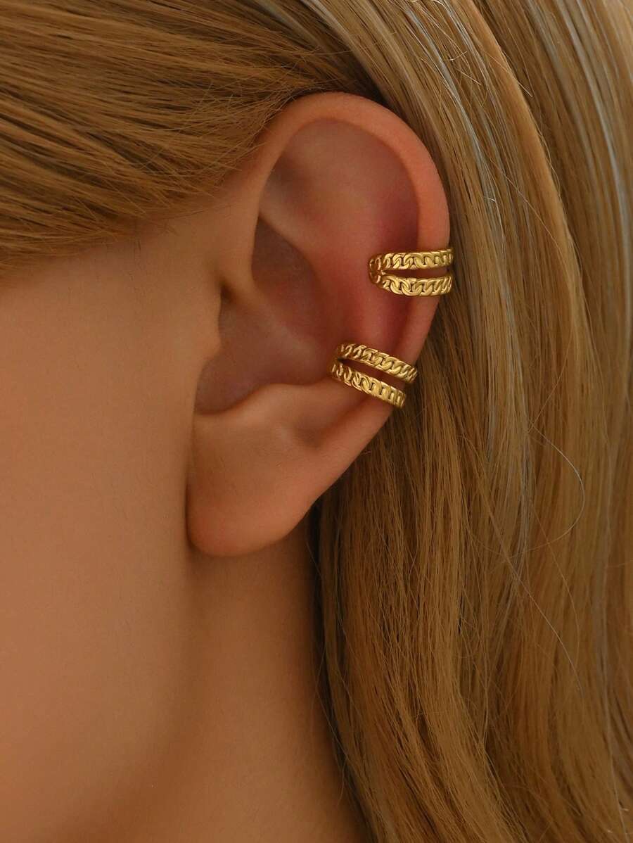 1 Pair Stainless Steel Gold Color Ear Clip, Unique Small Jewelry For Piercing-Less Ears, Daily Wear