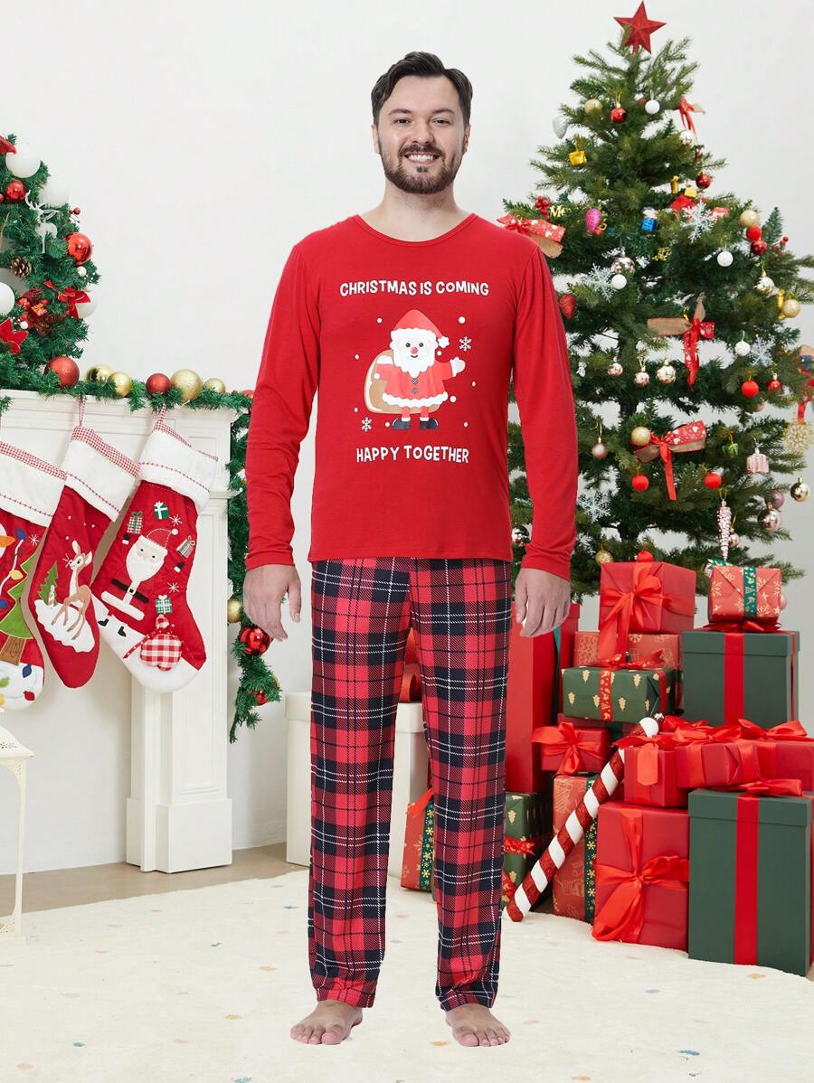 2 peças/Conjunto Pijamas Combinando para Família de Natal Masculina, Parte de Cima de Manga Longa e Calça em Estampa Xadrez Adorável de Cervo, Roupa de Estar em Casa Aconchegante para a Família