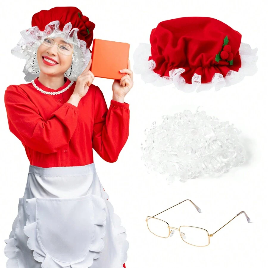 Décoration de Noël Lot de 3 pièces Costume de Mme Claus, Ensemble de robe de Mme Noël avec perruque, bonnette, lunettes pour déguisement de Noël