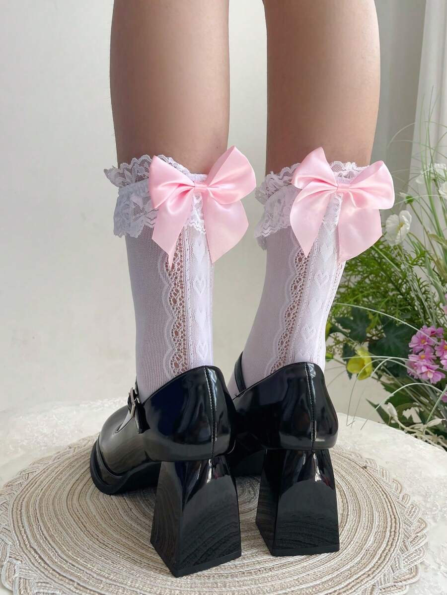 1 par de calcetines con volantes de encaje, decorados con perlas y moños, estilo lolita para mujer, talla única