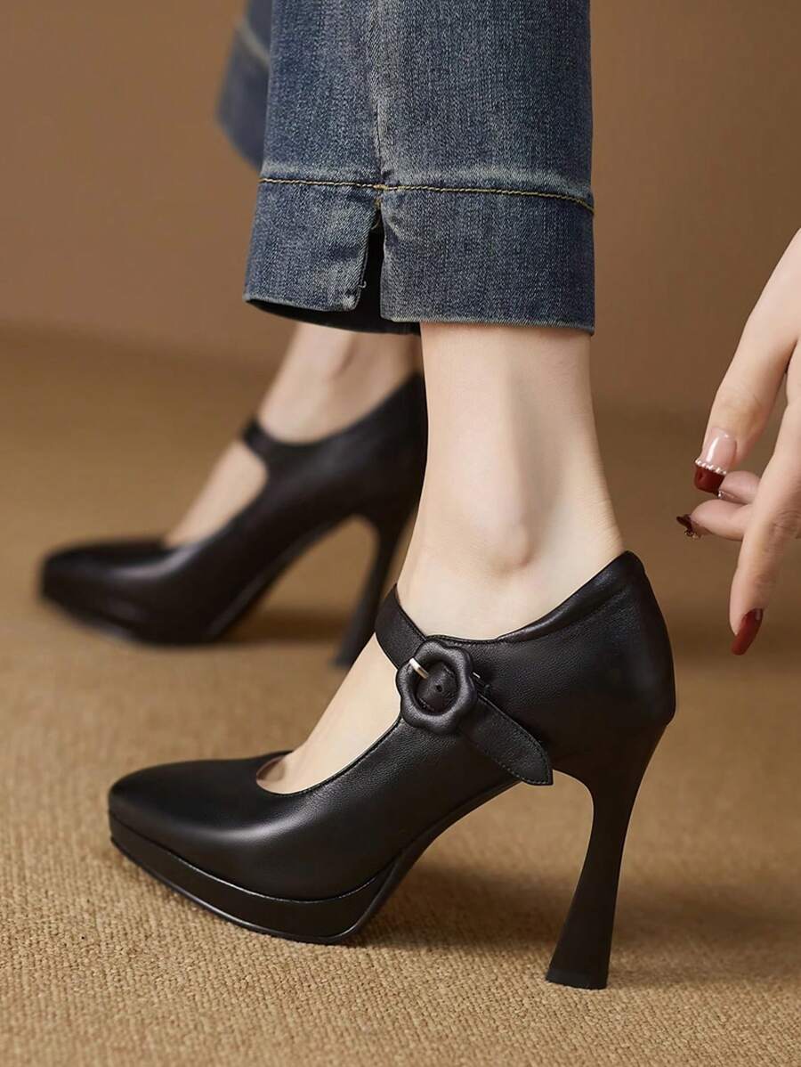 Women Fashion High Heel Platform Shoes With Strap & Thick Heel, Available In Pink, Apricot, Nude, Burgundy, Black, White, Red, Silver, Gold Leather Colors