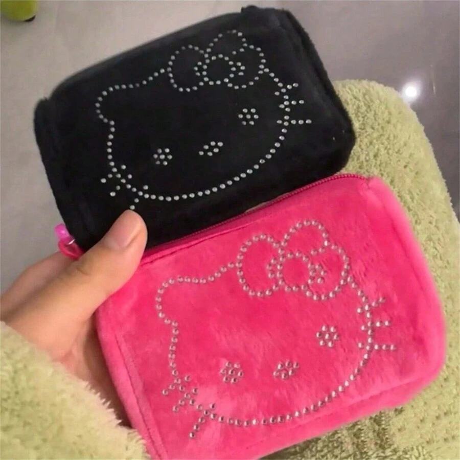 Sanrio 1 szt. Sanrio Hello Kitty Cute Cartoon przenośna portmonetka na monety, wysokiej jakości pluszowa mini przechowalnia, czarna torba na klucze