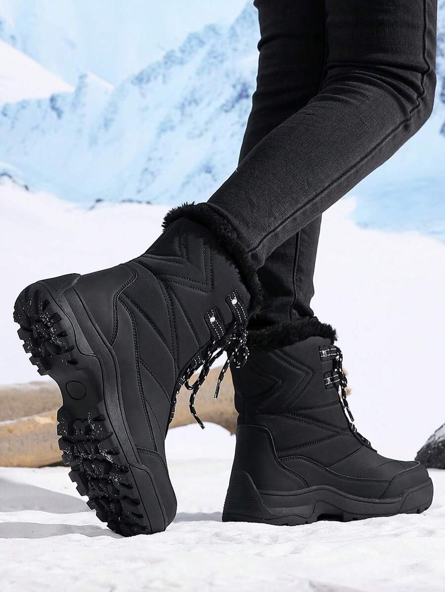 Botas de nieve de moda de invierno para mujer, botas para senderismo de media pantorrilla con cordones para exteriores, antideslizantes, con forro térmico, zapatos para caminar, color negro