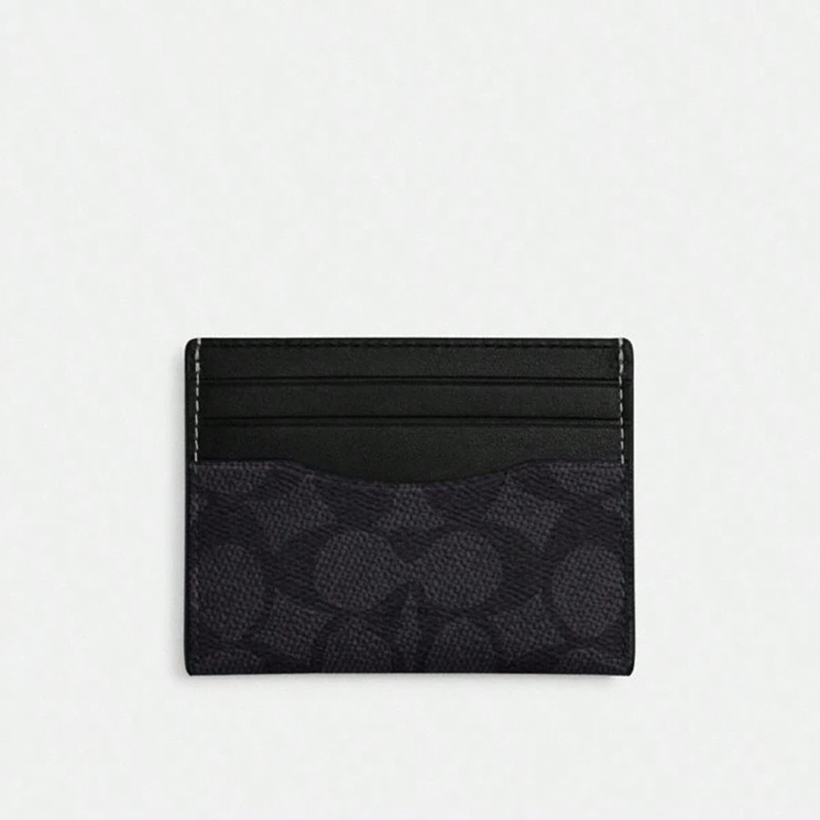Coach Wallet 10 Classic Monogram Logo Faux Leather, Fabric And Cowhide Leather Card Holder Regular Unisex Couple's Style Charcoal Black And Black