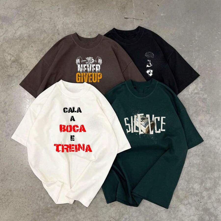 Kit 4 Camiseta Camisa Fitness Treina Silence Estilo Estilosa Várias Cores Inspiração Moda Unissex 100% Algodão
