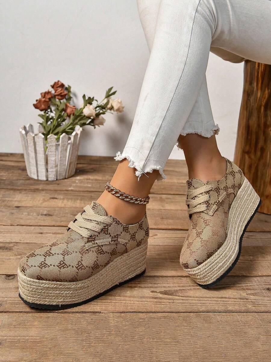 Women's Wedge Platform Canvas Sneakers, Brown Fabric Letter Print Lace-Up Jute Sole Thick Bottom Casual Shoe, Fashion New Style, Waterproof Platform, Increased Height, Suitable For Spring Festival, Everyday Wear, All Seasons