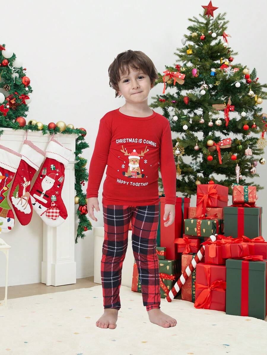 2 Peças Conjunto de Pijamas Ajustados de Natal Combinando com a Família, Parte Superior de Manga Longa e Calça Estampa Fofa de Rena, Roupa de Descanso Confortável